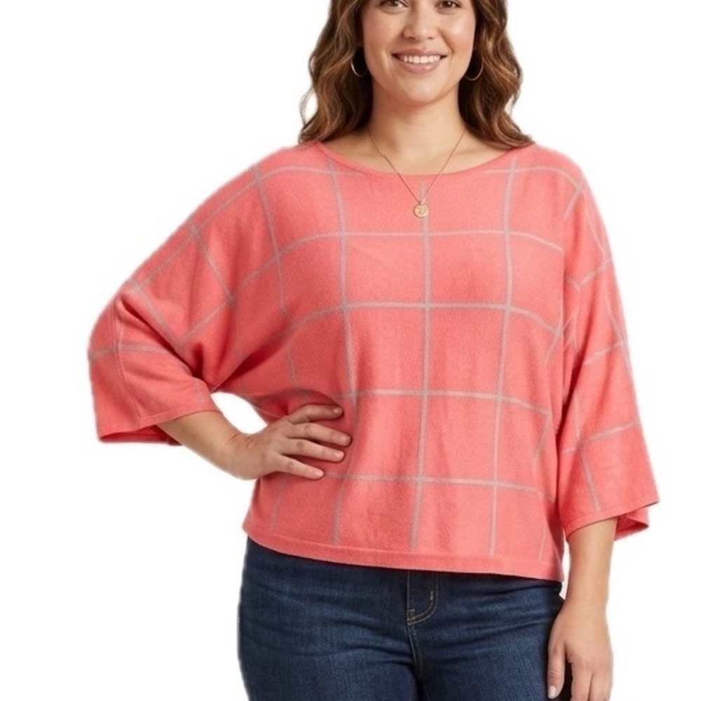 New York & Company Women XL Coral Pink Windowpane Plaid Dolman Sleeve Sweater